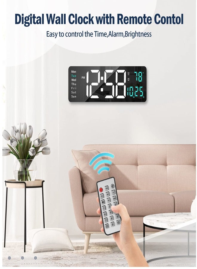 Lantoo ساعة حائط رقمية - شاشة LED كبيرة 16.2 بوصة، ساعة منبه مع جهاز تحكم عن بعد، تنسيق 12/24 ساعة، سطوع تلقائي، ساعات رقمية صامتة مع عرض درجة الحرارة والتاريخ والأسبوع لتزيين غرفة المعيشة (أخضر 2) - Image 2